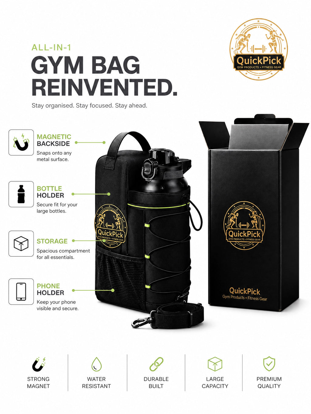 QuickPick Hang Free Magnetic Gym Bag (Magnetic Clip)