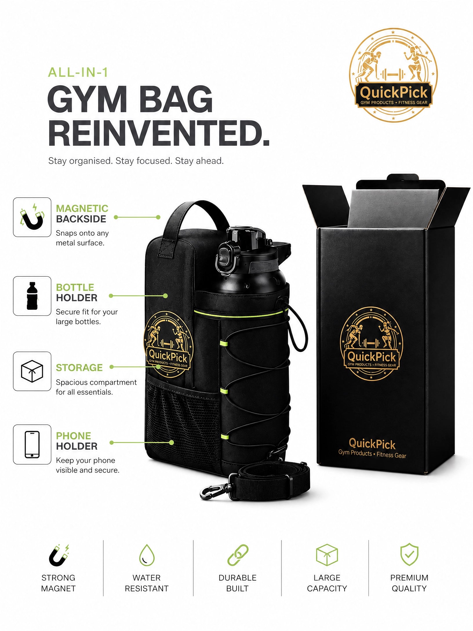 QuickPick Hang Free Magnetic Gym Bag (Magnetic Clip)
